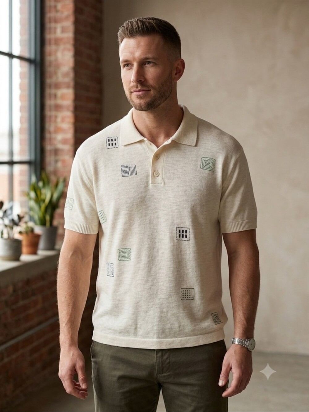 Zara Men's Cream Short-Sleeve Polo with Geometric Stitching Size S Cotton